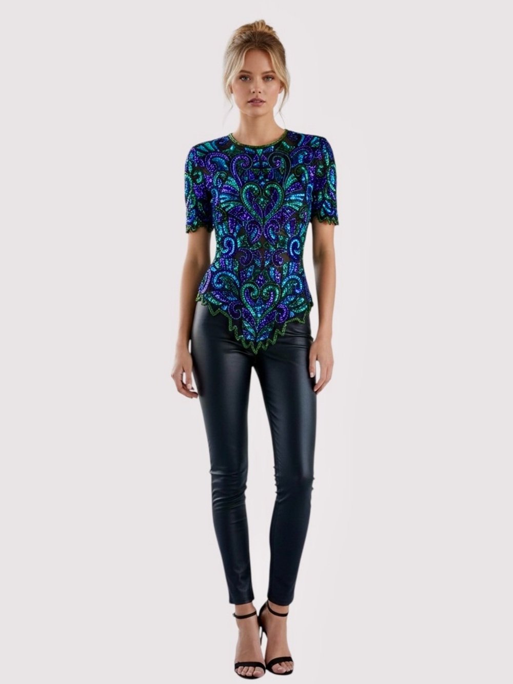 80s Laurence Kazan PEACOCK HEART Beaded Sequin SILK Tunic Top / xs s